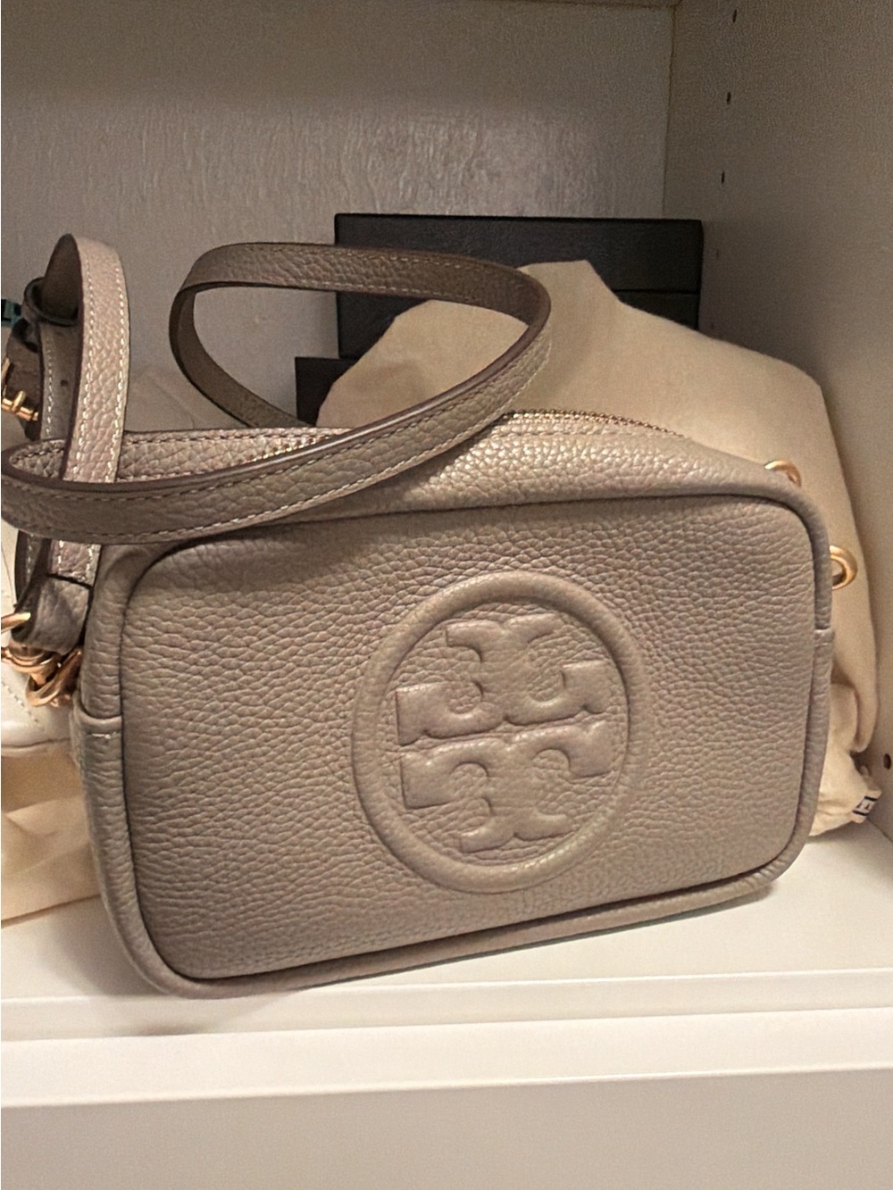 Tory Burch Taupe Pebbled Leather Logo Crossbody